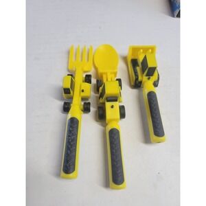 Constructive Eating 3pc Construction Utensil Set‎ Yellow Fork Spoon Pusher USA